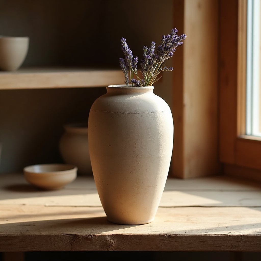 Vase en argile avec texture artisanale visible sur la surface